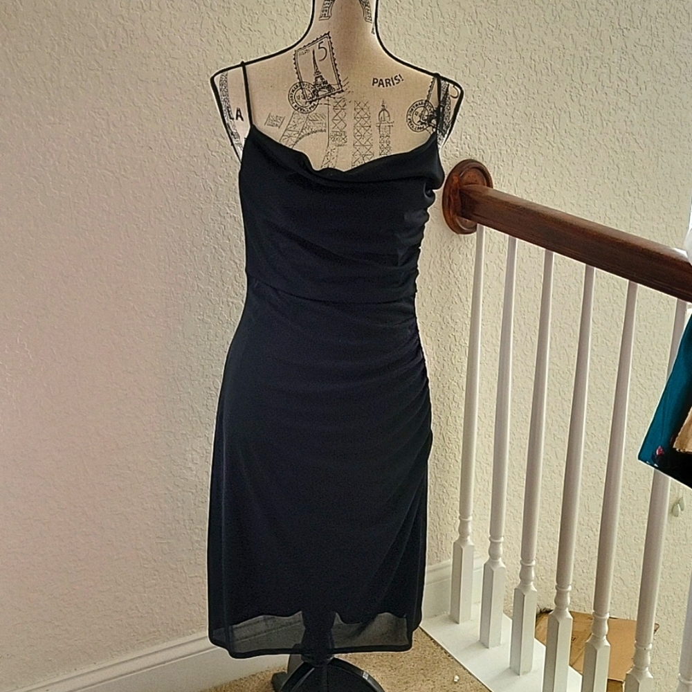 David Meister black strap ruched dress